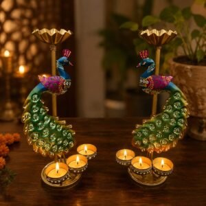 Handcrafted Metal Peacock Tealight Candle Holder Set (Pack of 2) | Decorative Diya Stand for Home Décor, Living Room & Festive Decoration