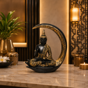Black & Gold Meditating Buddha Statue with Crescent Moon |