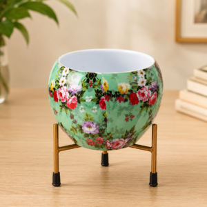 Decorative Floral Ceramic Planter Pot with Metal Stand |